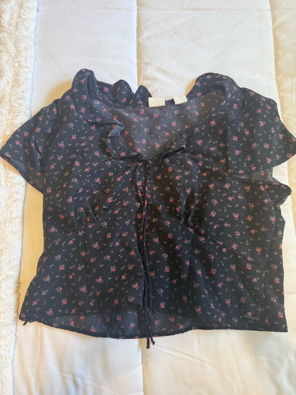 Levi's Black Blouse with Pink Floral Ruffle Tie